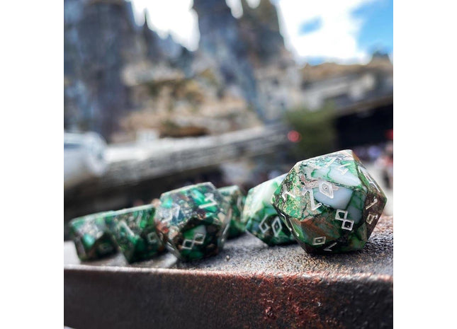 Gamers Guild AZ Norse Foundry Norse Foundry TruStone Dice - 7-Piece Set - Pyrite Green Imperial Jasper Norse Foundry