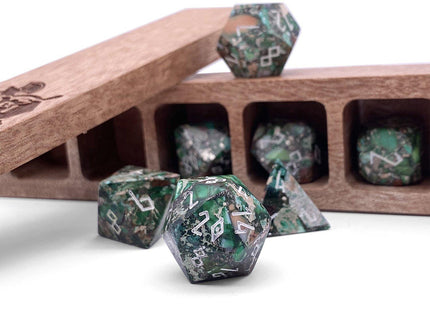 Gamers Guild AZ Norse Foundry Norse Foundry TruStone Dice - 7-Piece Set - Pyrite Green Imperial Jasper Norse Foundry