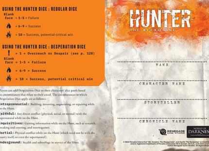 Gamers Guild AZ Renegade Game Studios Hunter: The Reckoning - Expanded Character Sheet Journal Renegade Game Studios