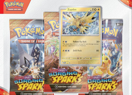 Gamers Guild AZ Wholesale Pokemon TCG: SV08 - Surging Sparks - Three-Booster Blister [Zapdos]- Street Date: 11/08/2024 - ORDER DUE BY: 10/23/2024 Price: $9.76 Pokemon