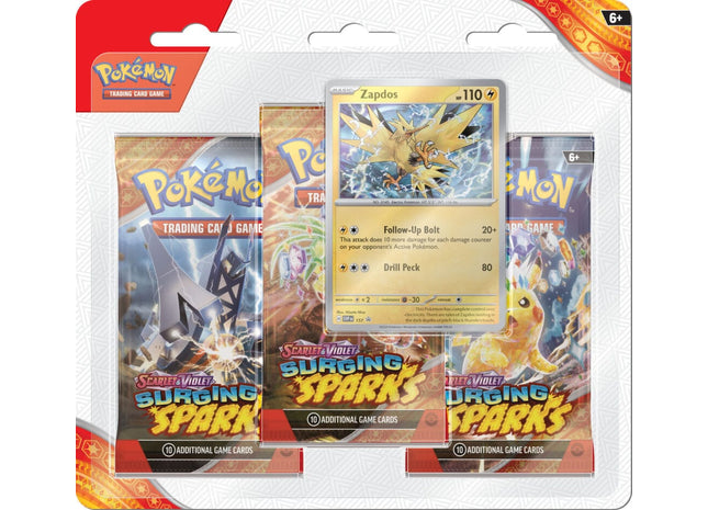 Gamers Guild AZ Wholesale Pokemon TCG: SV08 - Surging Sparks - Three-Booster Blister [Zapdos]- Street Date: 11/08/2024 - ORDER DUE BY: 10/23/2024 Price: $9.76 Pokemon