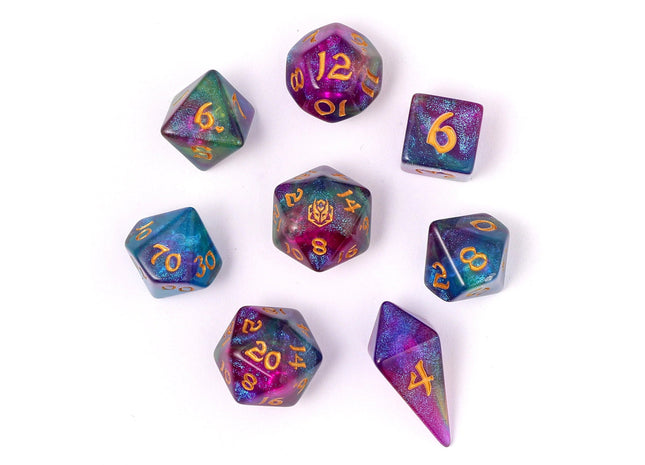 Gamers Guild AZ HYMGHO HYMGHO Dice: HY02004 - Wyrmforged Rollers - Rounded Edge 8 Piece Polyhedral Dice set - Siren's Melody HYMGHO
