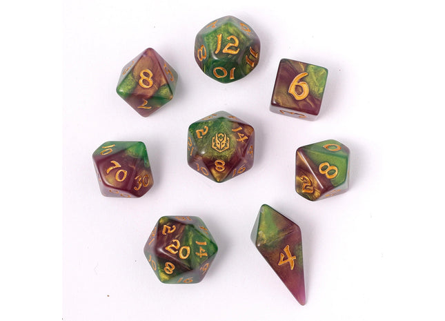 Gamers Guild AZ HYMGHO HYMGHO Dice: HY02005 - Wyrmforged Rollers - Rounded Edge 8 Piece Polyhedral Dice set - Wyvern Venom HYMGHO
